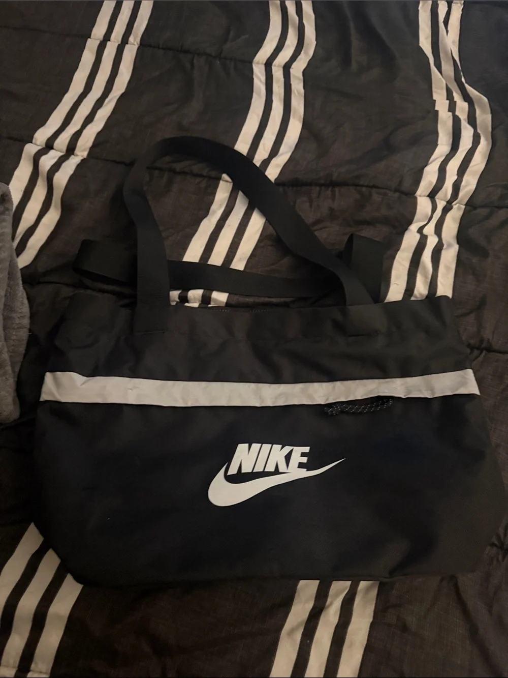 Nike Black Duffel Tote with White Logo and Reflective Stripe
